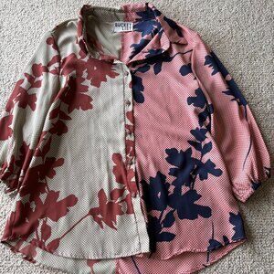 Bucket List L Oversized Button Front Floral Patchwork Top Boho Chic